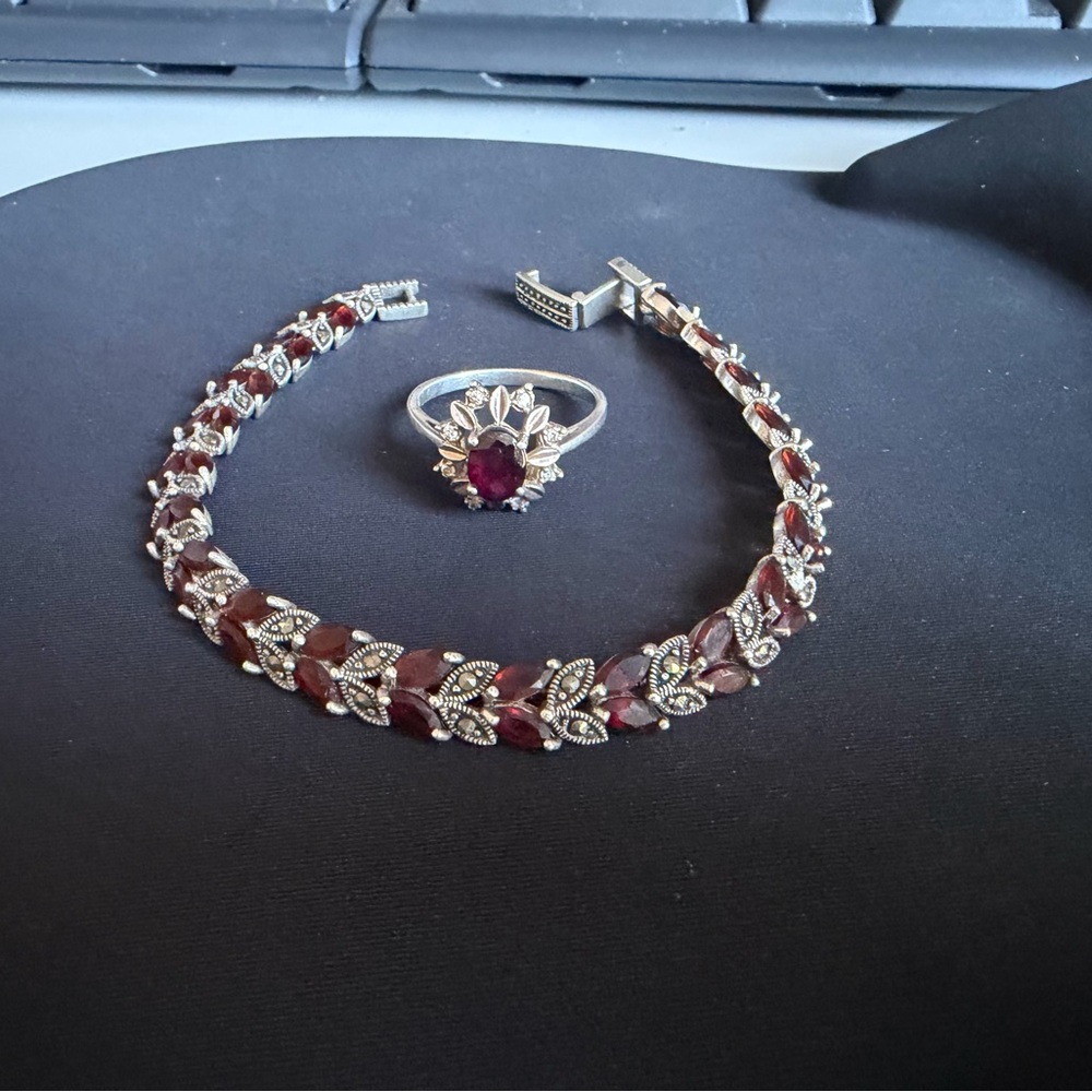 Sterling silver Garnet and Silver Floral Bracelet and Ring (size 10)